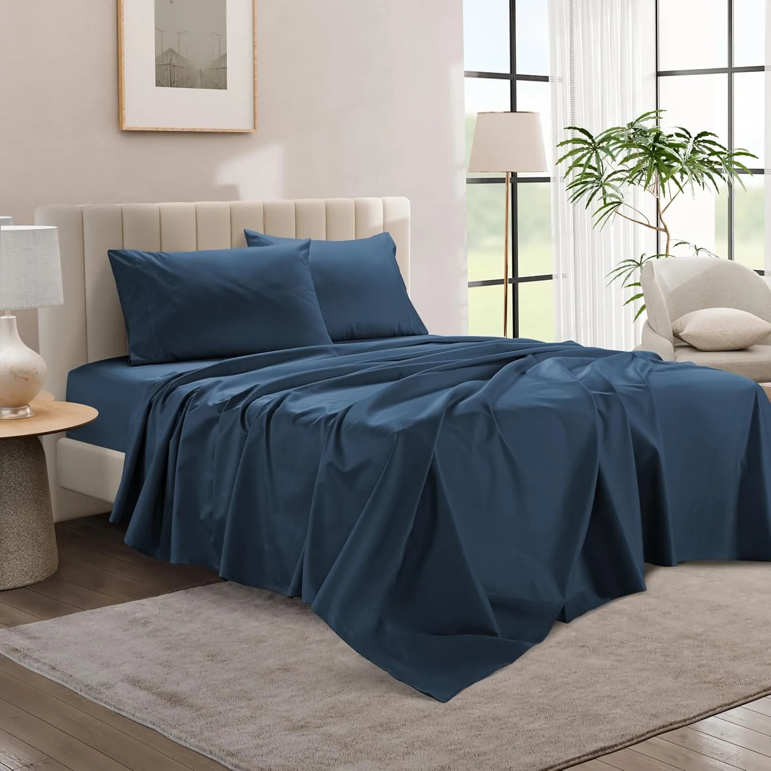 100% Egyptian Cotton Sheets Full Size, 4 Pcs Luxury Bedding Set, 1000 Thread Count Egyptian Cotton,Hotel Quality, Soft, Breathable and Durable, Deep Pockets up to 17, Dark Denim