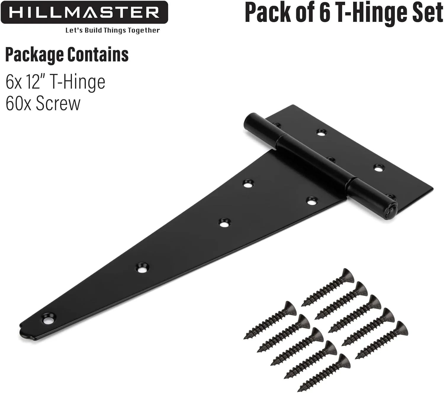 12 Inch T-Strap Heavy Duty Shed Door Hinges Gate Strap Hinges Black Tee Hinge Wrought Hardware for Wooden Fences,Yard,Barn Door,Rustproof (6 Pack)