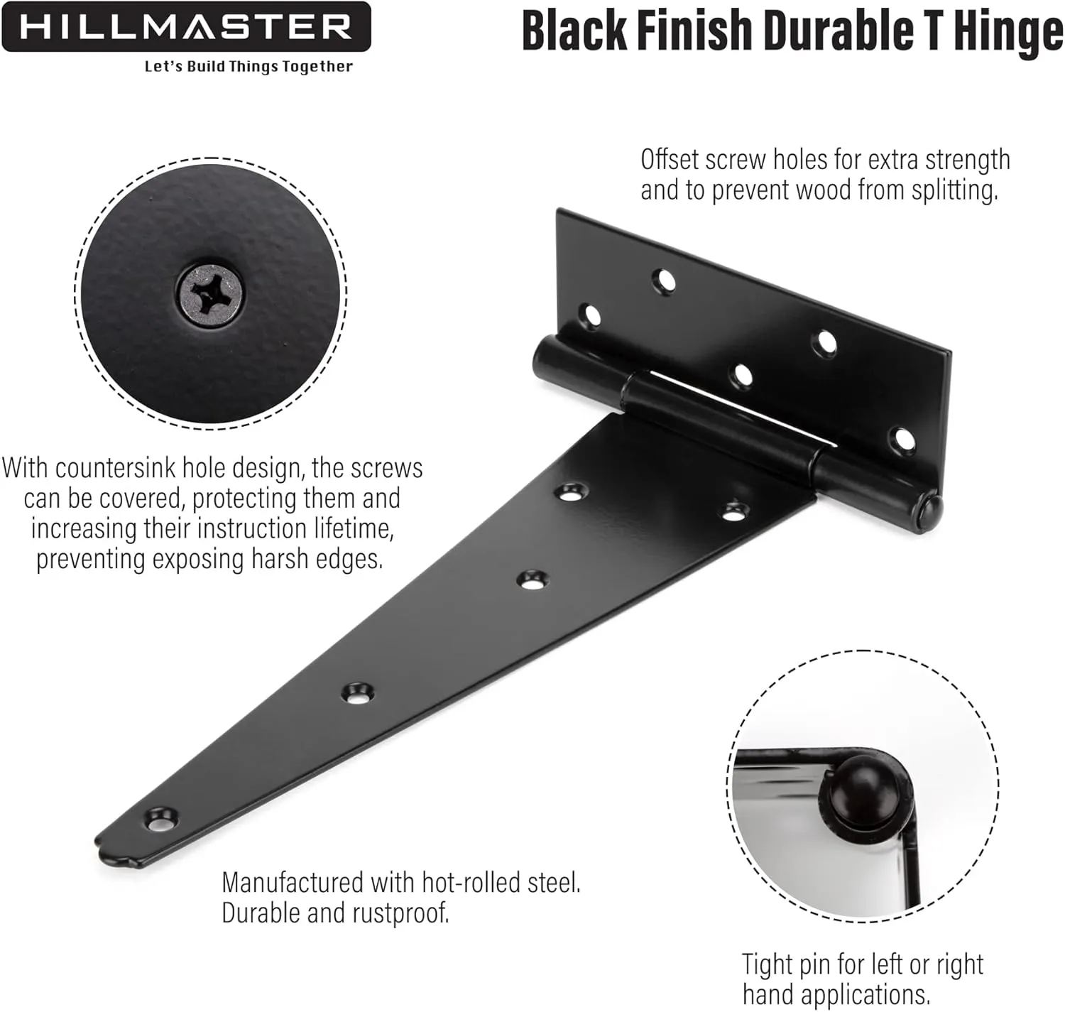12 Inch T-Strap Heavy Duty Shed Door Hinges Gate Strap Hinges Black Tee Hinge Wrought Hardware for Wooden Fences,Yard,Barn Door,Rustproof (6 Pack)