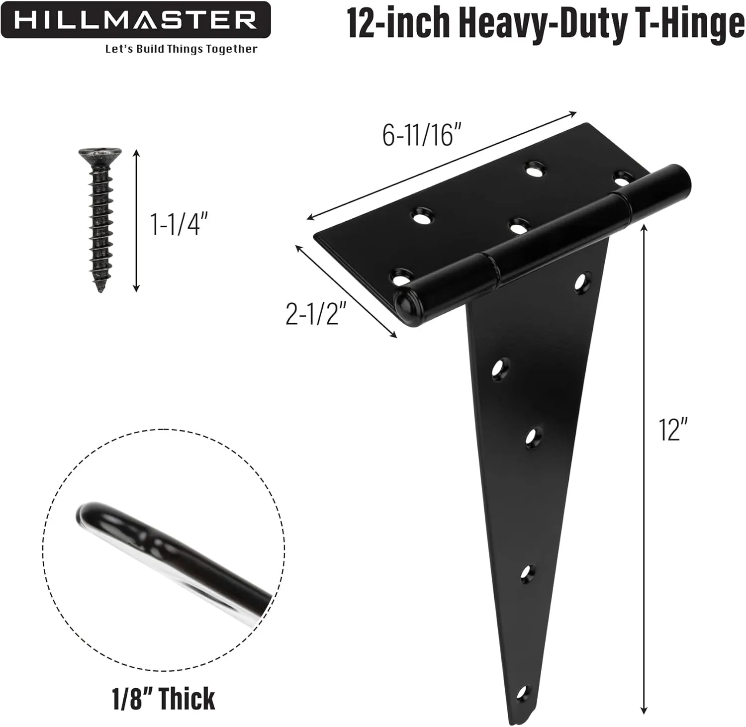 12 Inch T-Strap Heavy Duty Shed Door Hinges Gate Strap Hinges Black Tee Hinge Wrought Hardware for Wooden Fences,Yard,Barn Door,Rustproof (6 Pack)