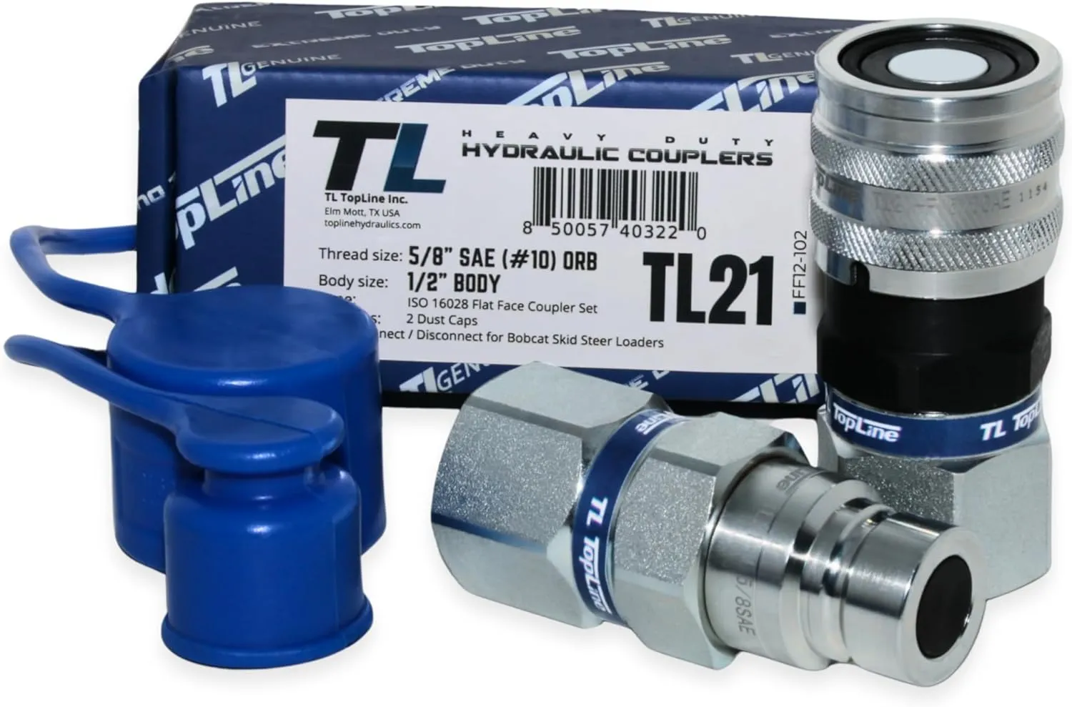 1/2" Body with 5/8" SAE O-Ring BOSS Thread | Flat Face Hydraulic Quick Connect Coupler | Skid Steer Bobcat Attachment | ISO 16028 Heavy-Duty Coupling Sets with Dust Caps | Model TL21
