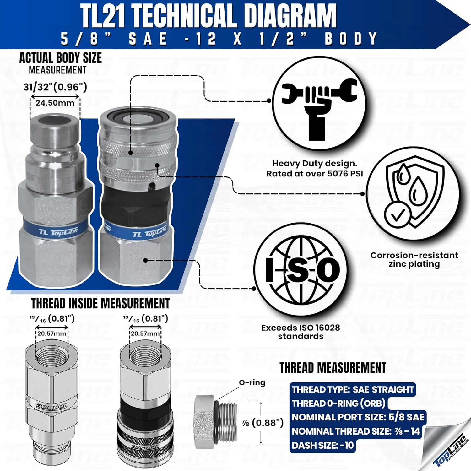 1/2" Body with 5/8" SAE O-Ring BOSS Thread | Flat Face Hydraulic Quick Connect Coupler | Skid Steer Bobcat Attachment | ISO 16028 Heavy-Duty Coupling Sets with Dust Caps | Model TL21