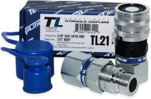 1/2" Body with 5/8" SAE O-Ring BOSS Thread | Flat Face Hydraulic Quick Connect Coupler | Skid Steer Bobcat Attachment | ISO 16028 Heavy-Duty Coupling Sets with Dust Caps | Model TL21