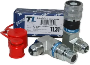 1/2" Body with 90 deg. Elbow 3/4” JIC Male Thread | Flat Face Hydraulic Quick Connect Coupler | Skid Steer Bobcat Attachment | ISO 16028 Heavy-Duty Coupling Sets with Dust Caps | Model TL31