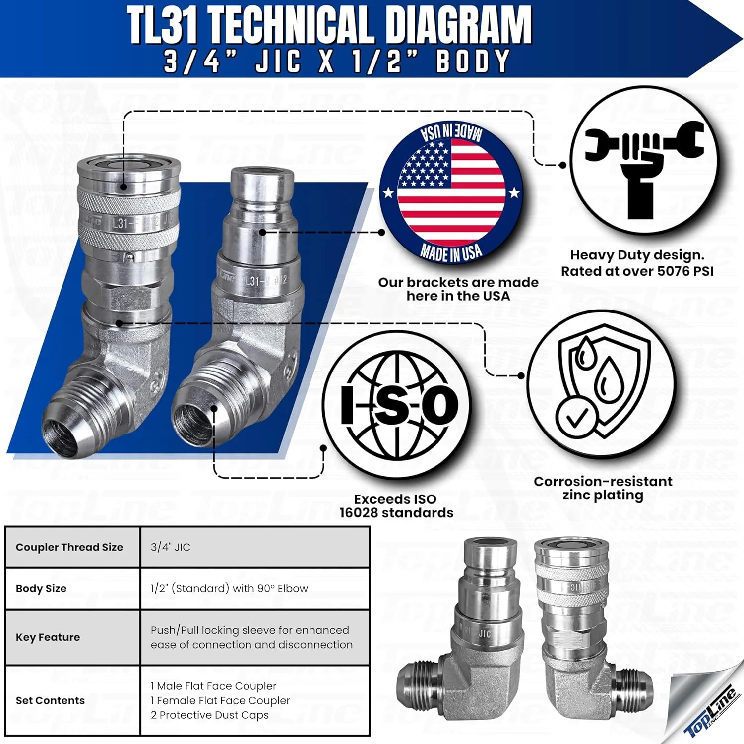 1/2" Body with 90 deg. Elbow 3/4” JIC Male Thread | Flat Face Hydraulic Quick Connect Coupler | Skid Steer Bobcat Attachment | ISO 16028 Heavy-Duty Coupling Sets with Dust Caps | Model TL31