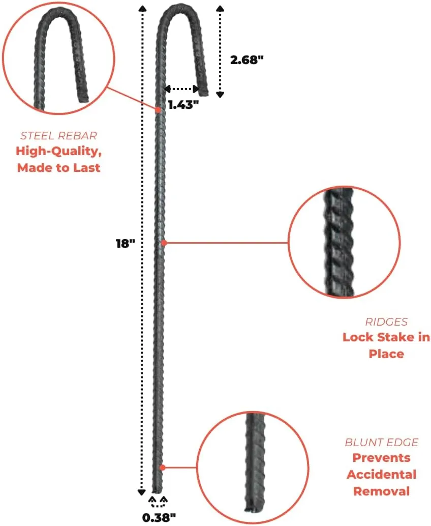 18in Rebar Ground Stakes - Heavy Duty J Hook (20 Pack)