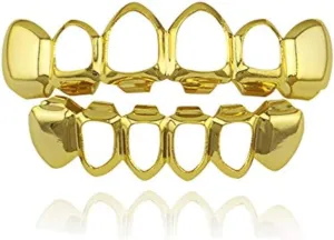 18k Gold Plated Iced Out Grills with Diamond Nightclub Hip Hop Flat Teeth Grillz Caps Top and Bottom Set for Your Teeth