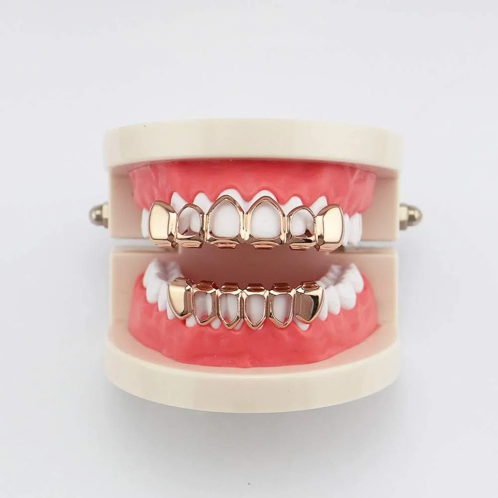 18k Gold Plated Iced Out Grills with Diamond Nightclub Hip Hop Flat Teeth Grillz Caps Top and Bottom Set for Your Teeth