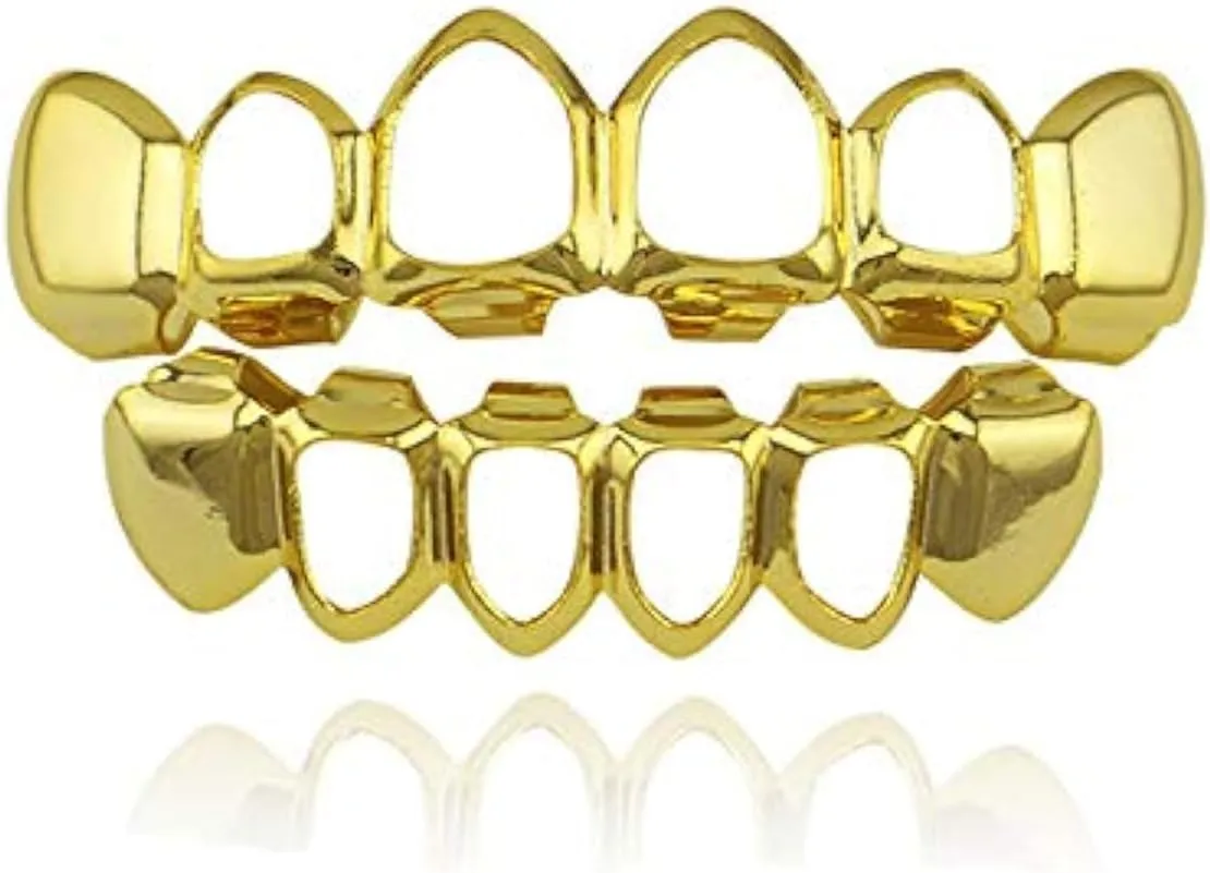 18k Gold Plated Iced Out Grills with Diamond Nightclub Hip Hop Flat Teeth Grillz Caps Top and Bottom Set for Your Teeth