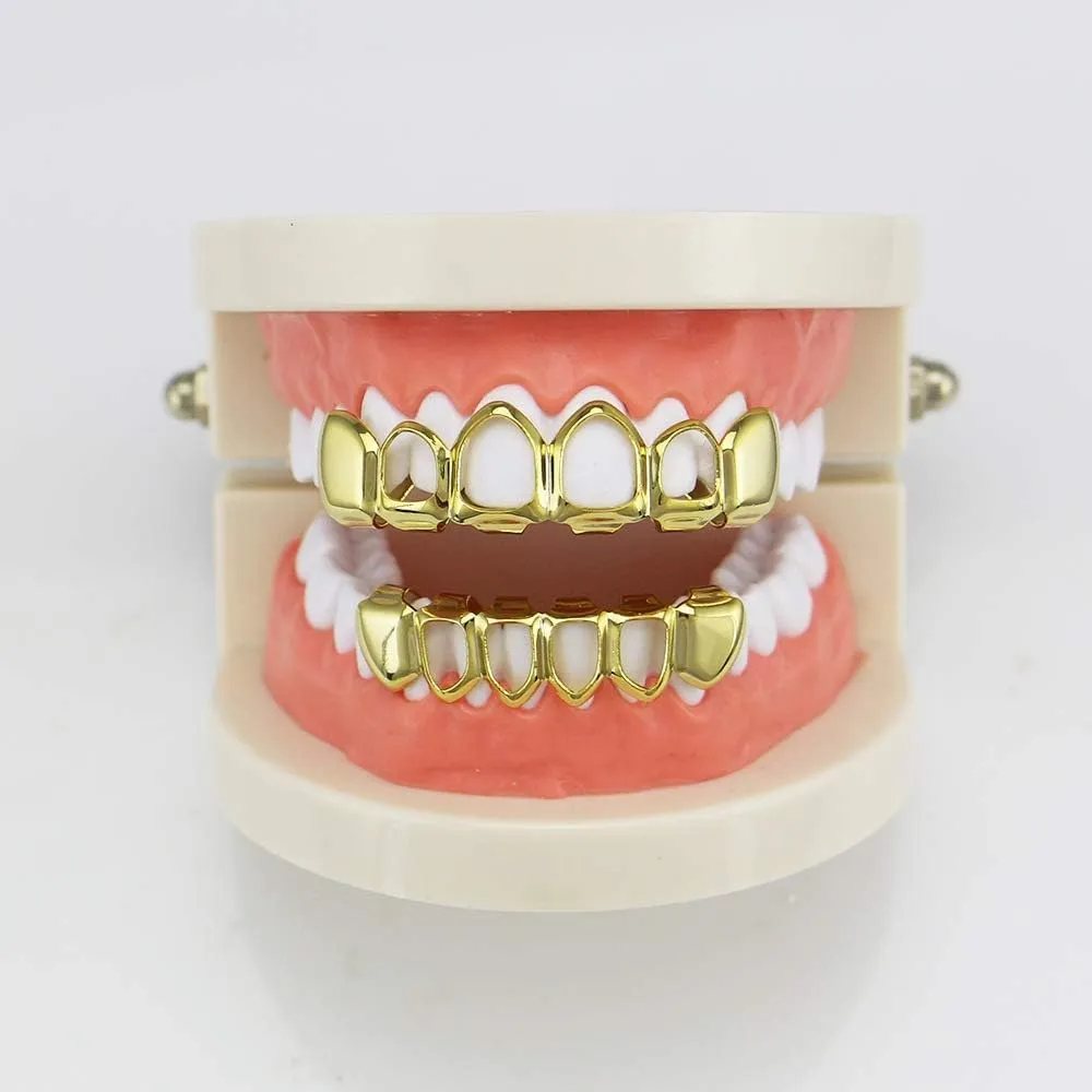 18k Gold Plated Iced Out Grills with Diamond Nightclub Hip Hop Flat Teeth Grillz Caps Top and Bottom Set for Your Teeth