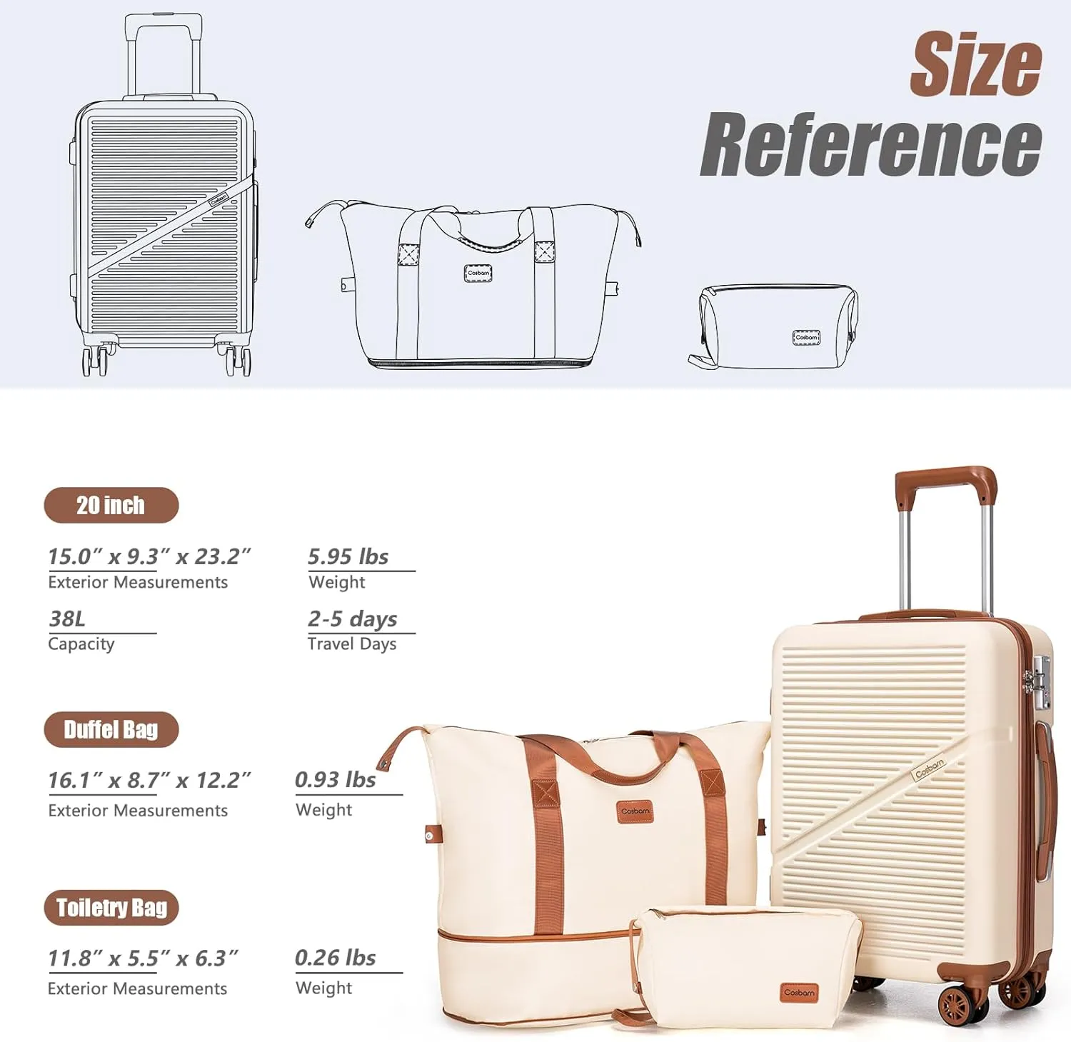 3-Piece Carry On Luggage Set 22x14x9 Airline Approved, 20 Inch Lightweight ABS Suitcases with Wheels and TSA Lock - Durable Waterproof Travel Suitcase Set