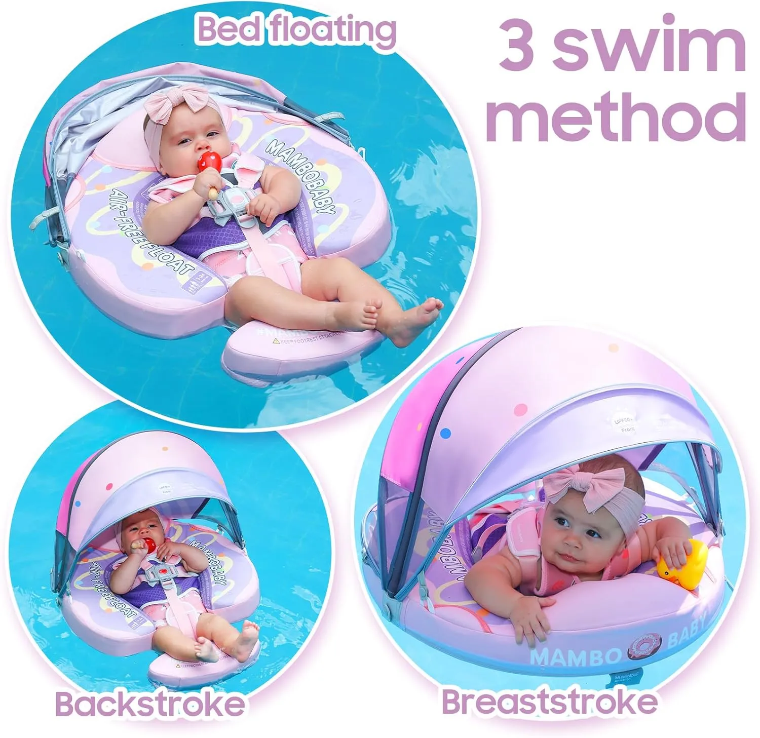 3 Swim Method Add Bed More Comfortable Mambobaby Float with Tail and Canopy Non-Inflatable Baby Swim Float Mambo Float Smart Swim Trainer Infant Swim Pool Float Swim Ring for 3-24months Girls Boys