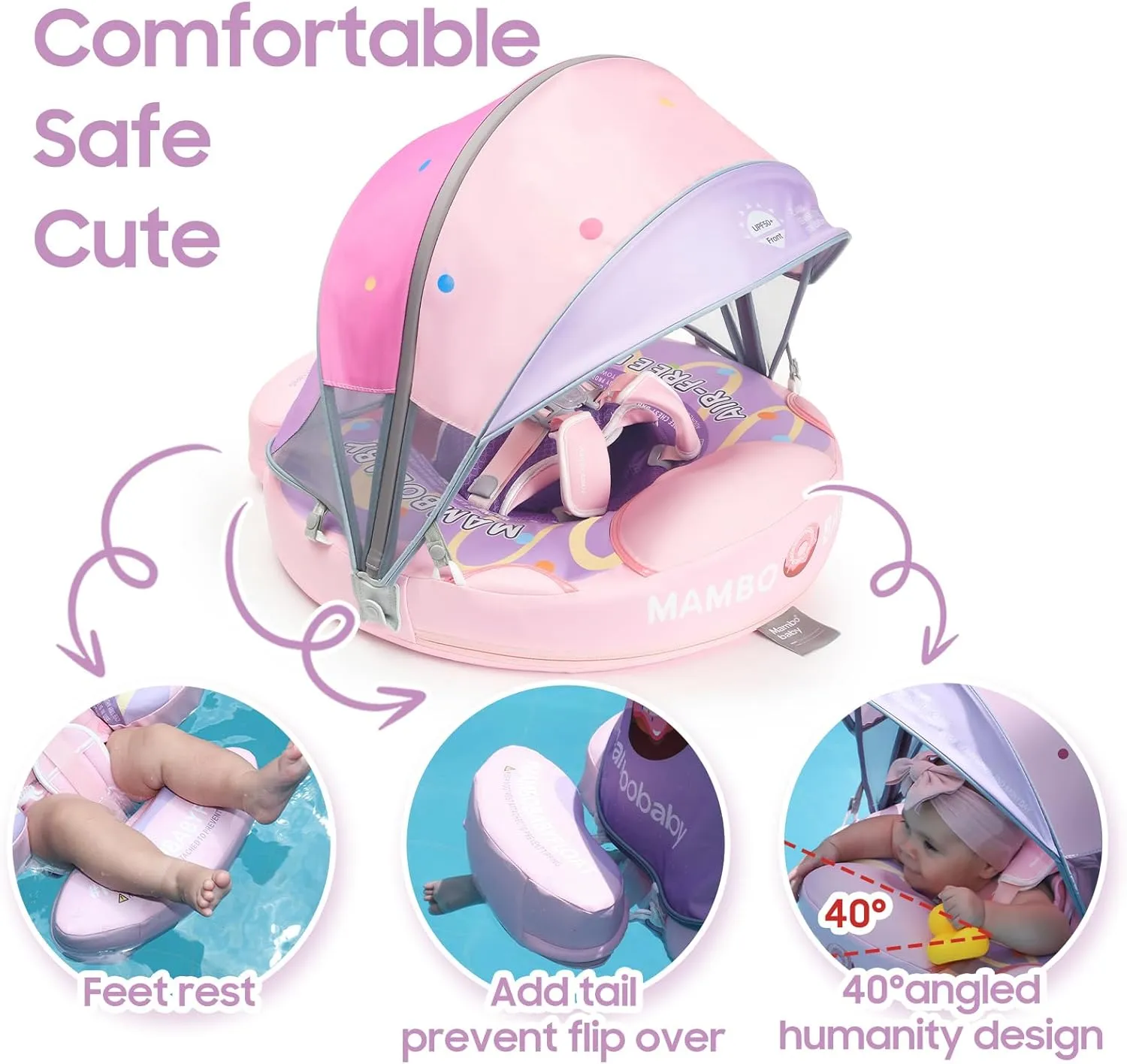 3 Swim Method Add Bed More Comfortable Mambobaby Float with Tail and Canopy Non-Inflatable Baby Swim Float Mambo Float Smart Swim Trainer Infant Swim Pool Float Swim Ring for 3-24months Girls Boys