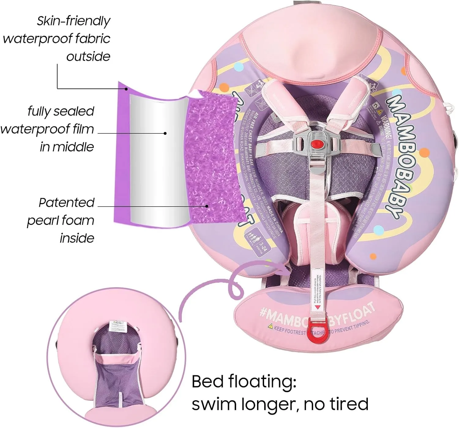 3 Swim Method Add Bed More Comfortable Mambobaby Float with Tail and Canopy Non-Inflatable Baby Swim Float Mambo Float Smart Swim Trainer Infant Swim Pool Float Swim Ring for 3-24months Girls Boys