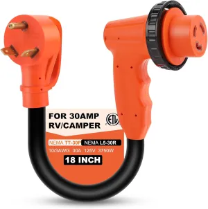 30 Amp to 30 Amp RV Adapter with Twist Lock for 30 Amp RV Extension Cord and Generator, NEMA TT-30P to NEMA L5-30R Electrical Power Adapter with Upgraded Handle, ETL Listed, 3-Year Warranty