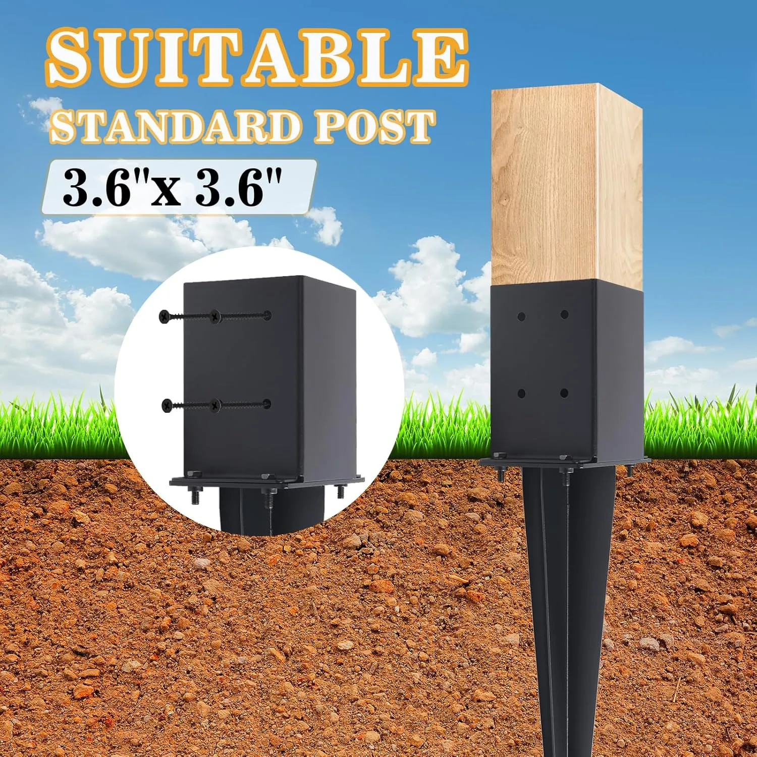 4 Pcs 4"x4" Fence Post Anchor Ground Spike,(Internal 3.6"x3.6"),Metal Post Stake Ground 22" with Black Powder-Coated,Fence Stakes Post Base for Deck,Fence,Porch,Railing,Mailbox