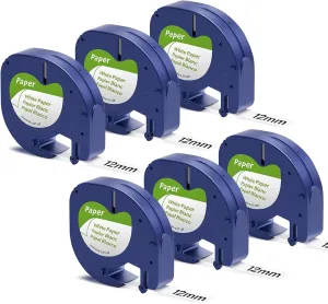 6 Pack Label Maker Refills White Paper Tape Replacement for Dymo LetraTag Refills 1/2" x 13' Dymo Label Tape 12mm Compatible with DYMO LetraTag 100H Plus LT-100T and LT-200B