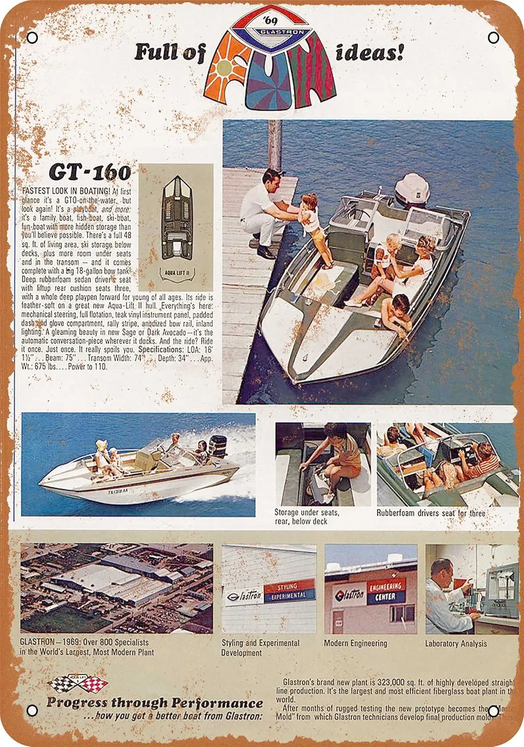 7 x 10 METAL SIGN - 1969 Glastron GT-160 Boat - Vintage Rusty Look