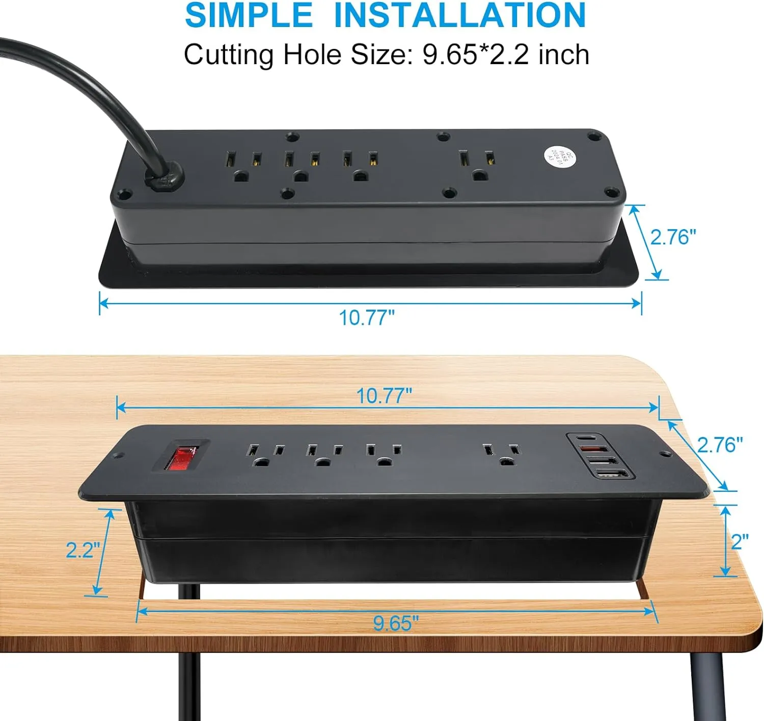 8 Outlets Dual Side USB C Recessed Power Strip Flush Mount Charging Station Built in Desk Multiple Power Socket for Furniture Cabinet Table Conference (Black)