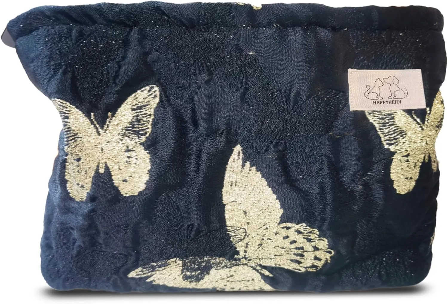 Aesthetic Golden Butterfly Makeup Bag Cosmetic Toiletry Travel Pouch, Make Up Accessory Purse Organizer, Canvas Lined, Embroidered Polyester
