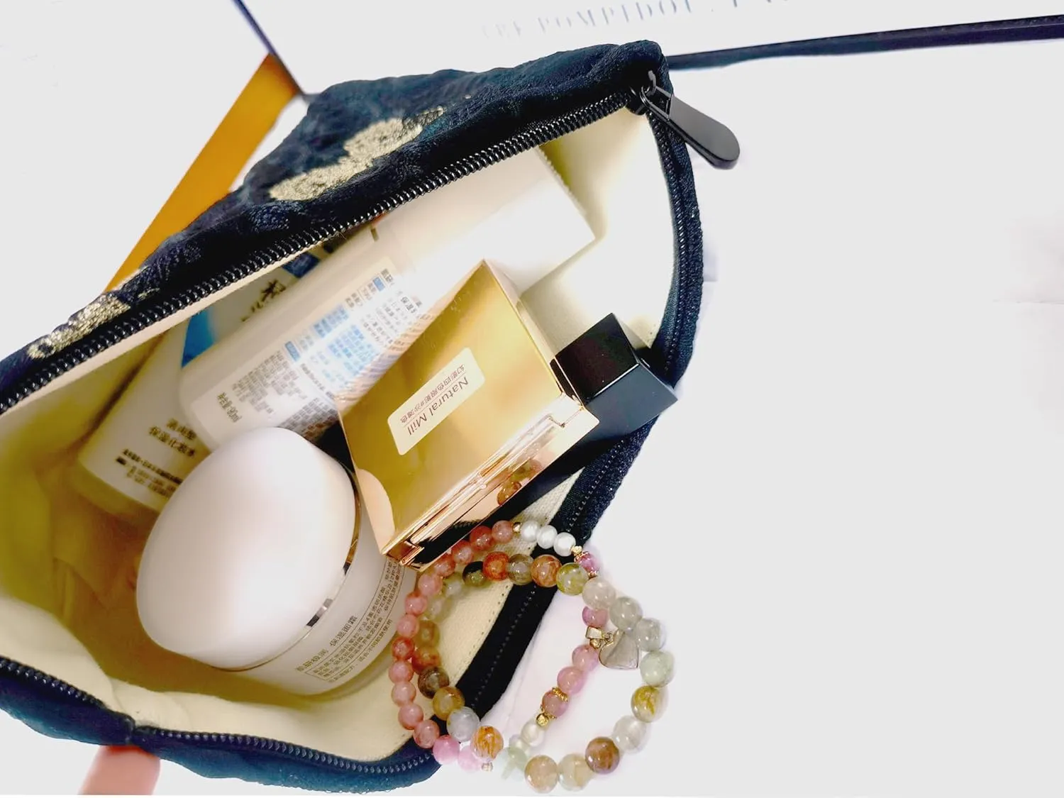 Aesthetic Golden Butterfly Makeup Bag Cosmetic Toiletry Travel Pouch, Make Up Accessory Purse Organizer, Canvas Lined, Embroidered Polyester