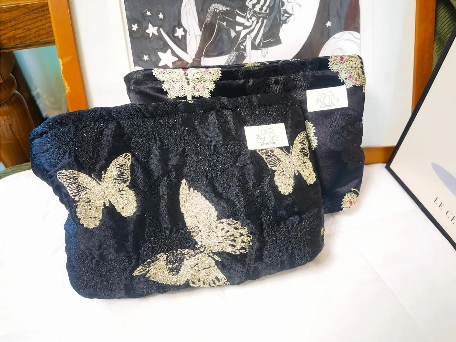 Aesthetic Golden Butterfly Makeup Bag Cosmetic Toiletry Travel Pouch, Make Up Accessory Purse Organizer, Canvas Lined, Embroidered Polyester