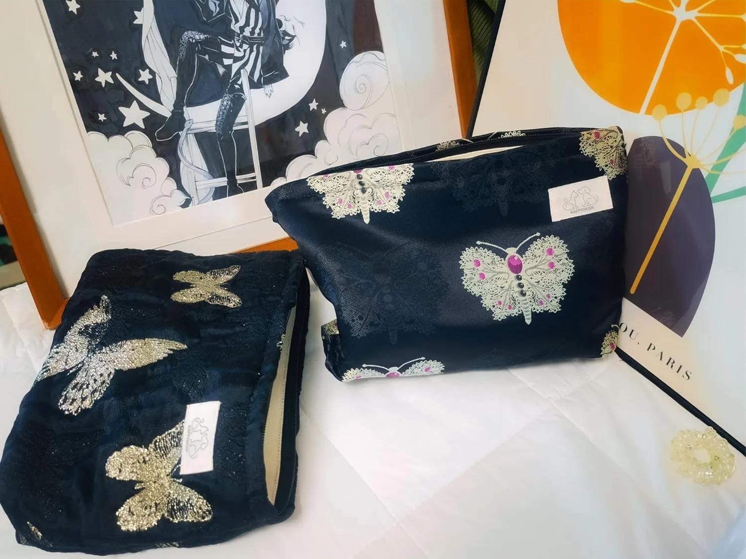Aesthetic Golden Butterfly Makeup Bag Cosmetic Toiletry Travel Pouch, Make Up Accessory Purse Organizer, Canvas Lined, Embroidered Polyester