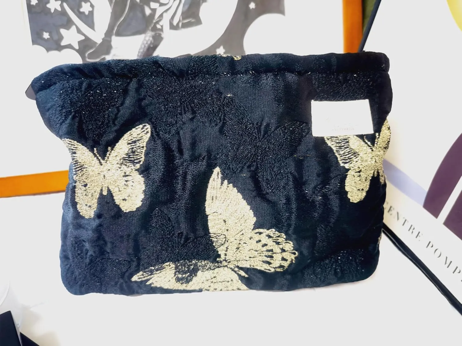 Aesthetic Golden Butterfly Makeup Bag Cosmetic Toiletry Travel Pouch, Make Up Accessory Purse Organizer, Canvas Lined, Embroidered Polyester
