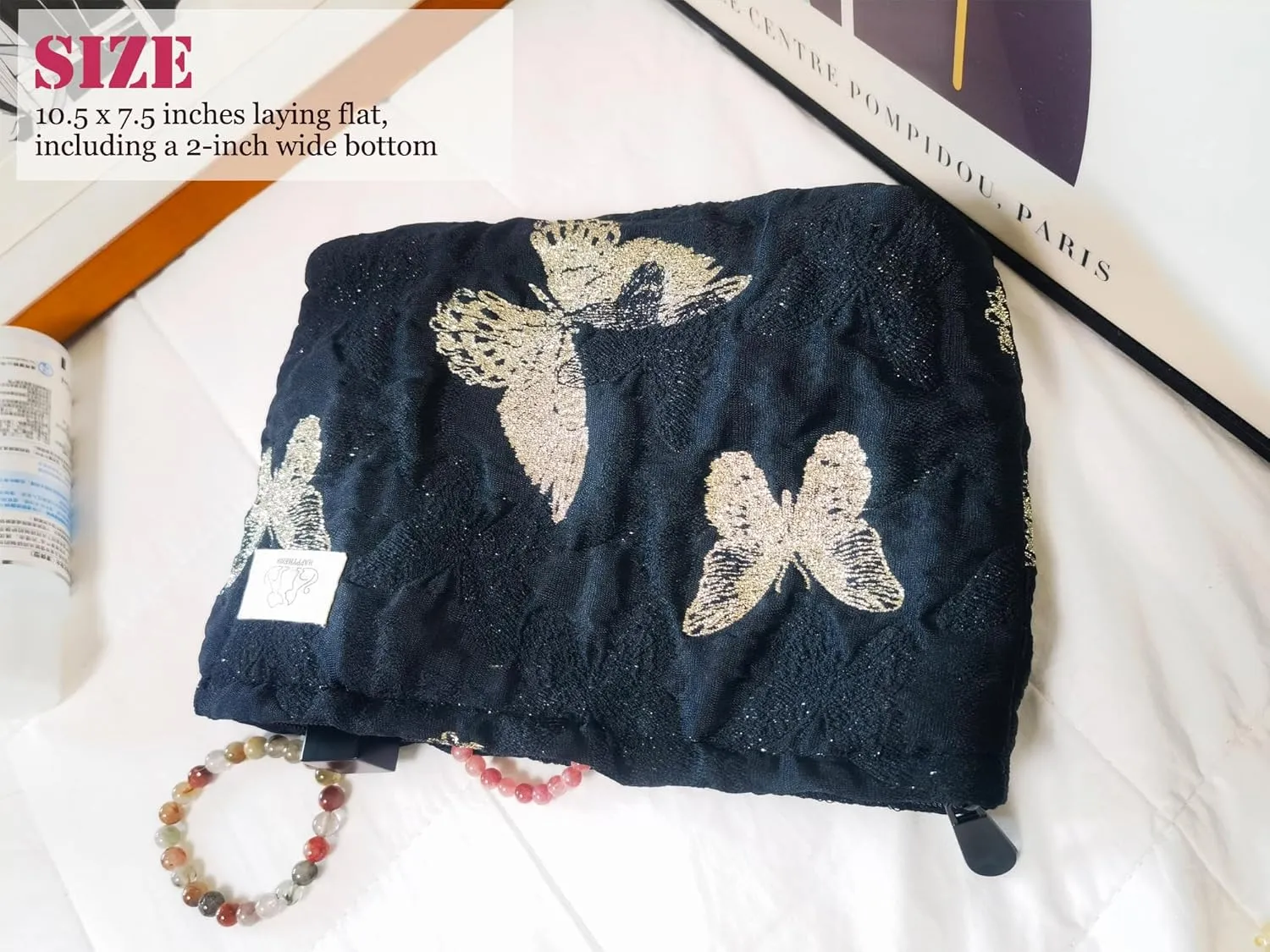 Aesthetic Golden Butterfly Makeup Bag Cosmetic Toiletry Travel Pouch, Make Up Accessory Purse Organizer, Canvas Lined, Embroidered Polyester