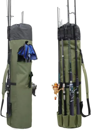 Allnice Durable Canvas Fishing Rod & Reel Organizer Bag Travel Carry Case Bag- Holds 5 Poles & Tackle