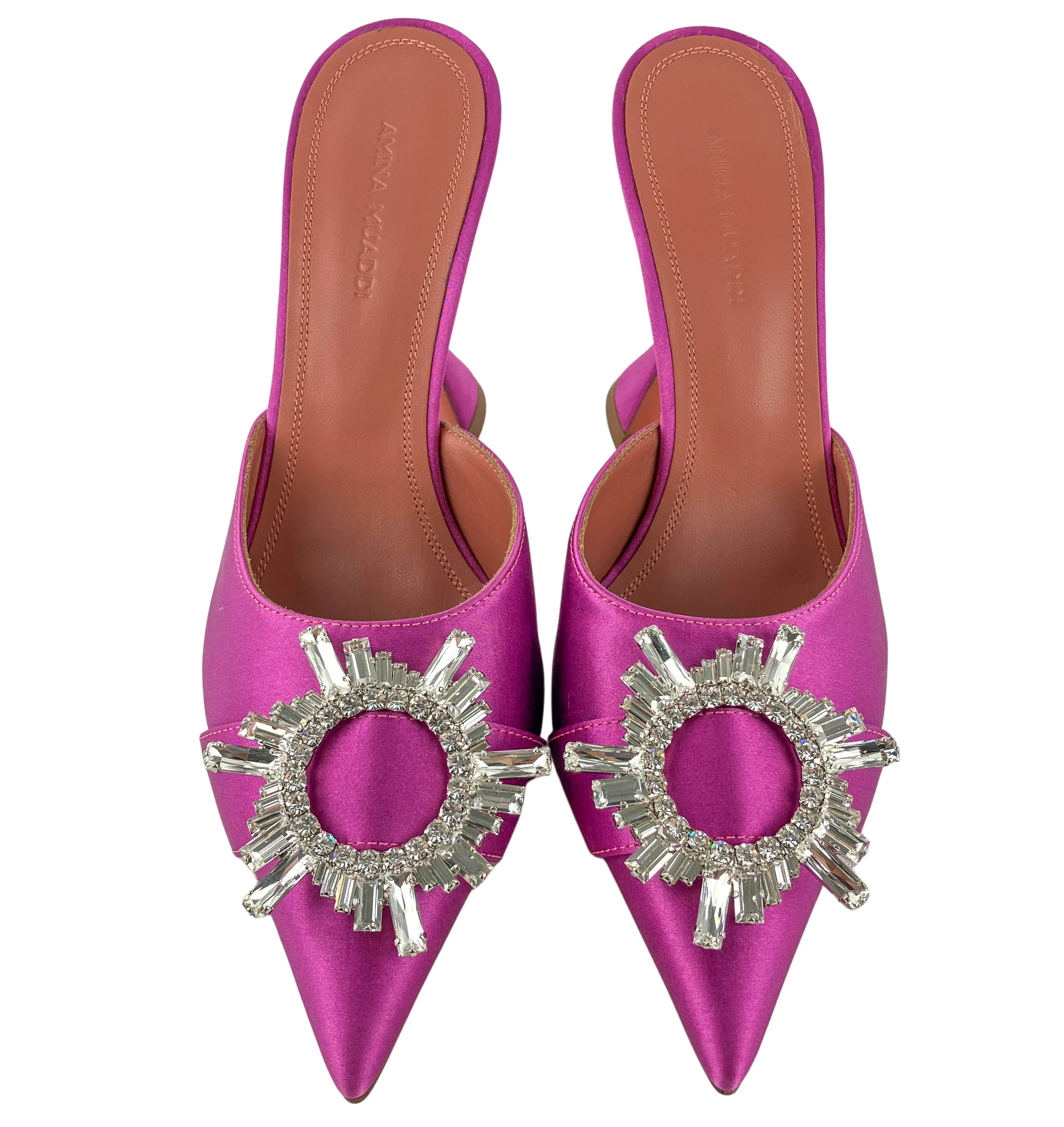 Amina Muaddi Begum Satin Mules in Plum