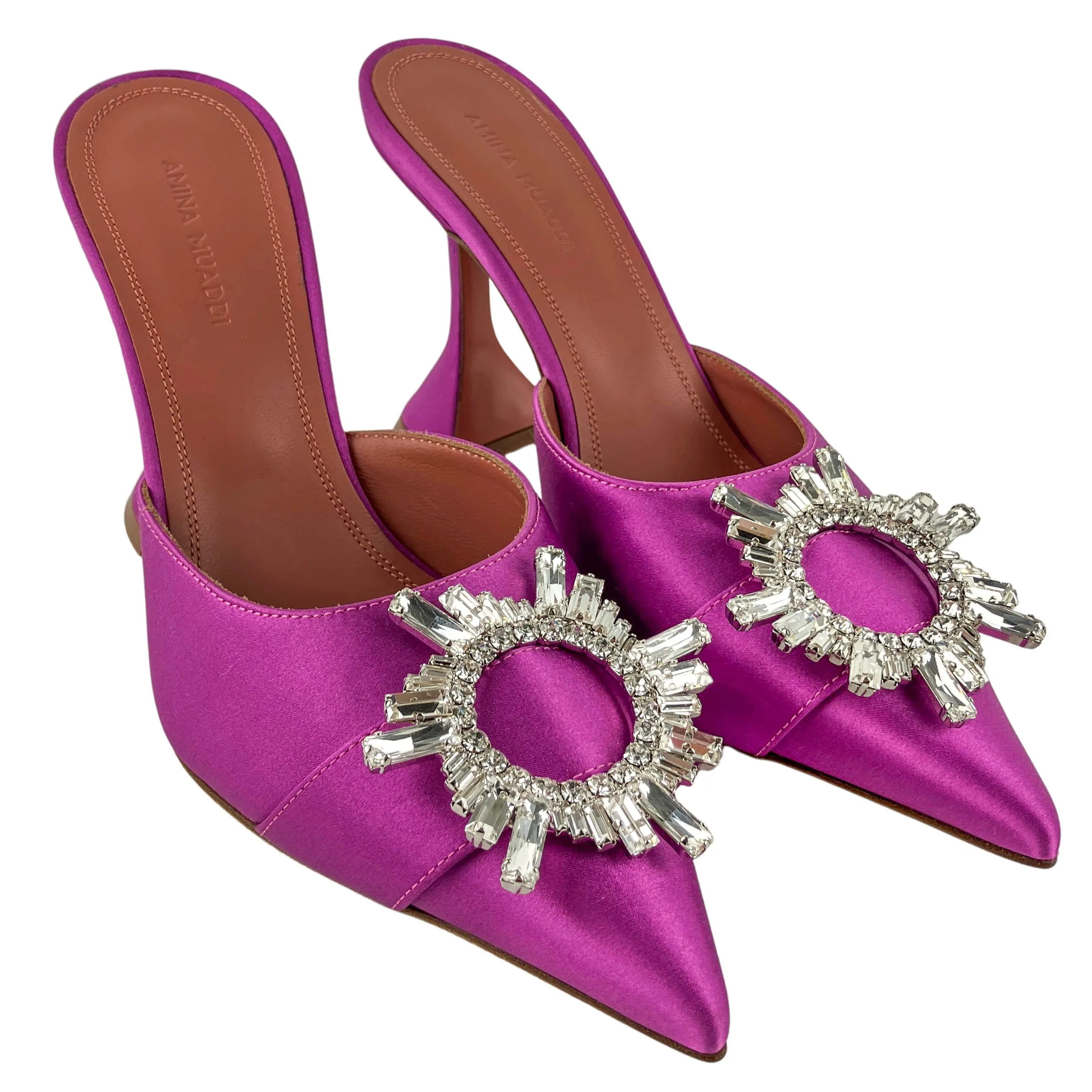 Amina Muaddi Begum Satin Mules in Plum