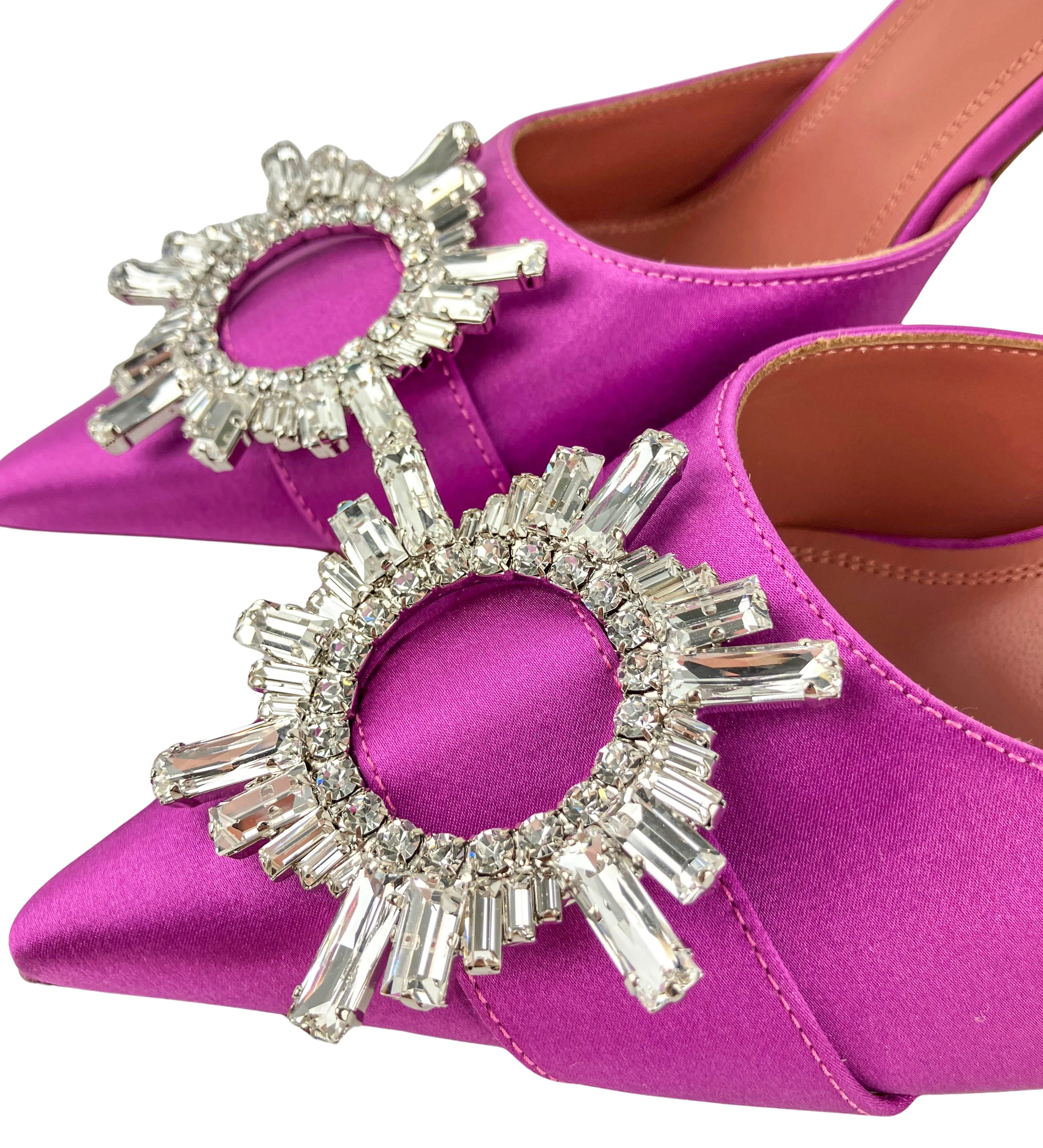 Amina Muaddi Begum Satin Mules in Plum