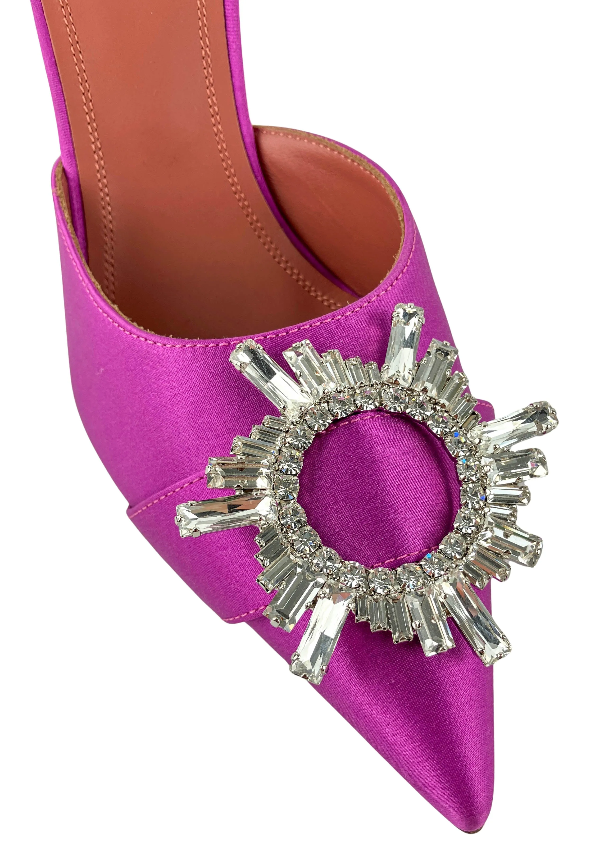 Amina Muaddi Begum Satin Mules in Plum