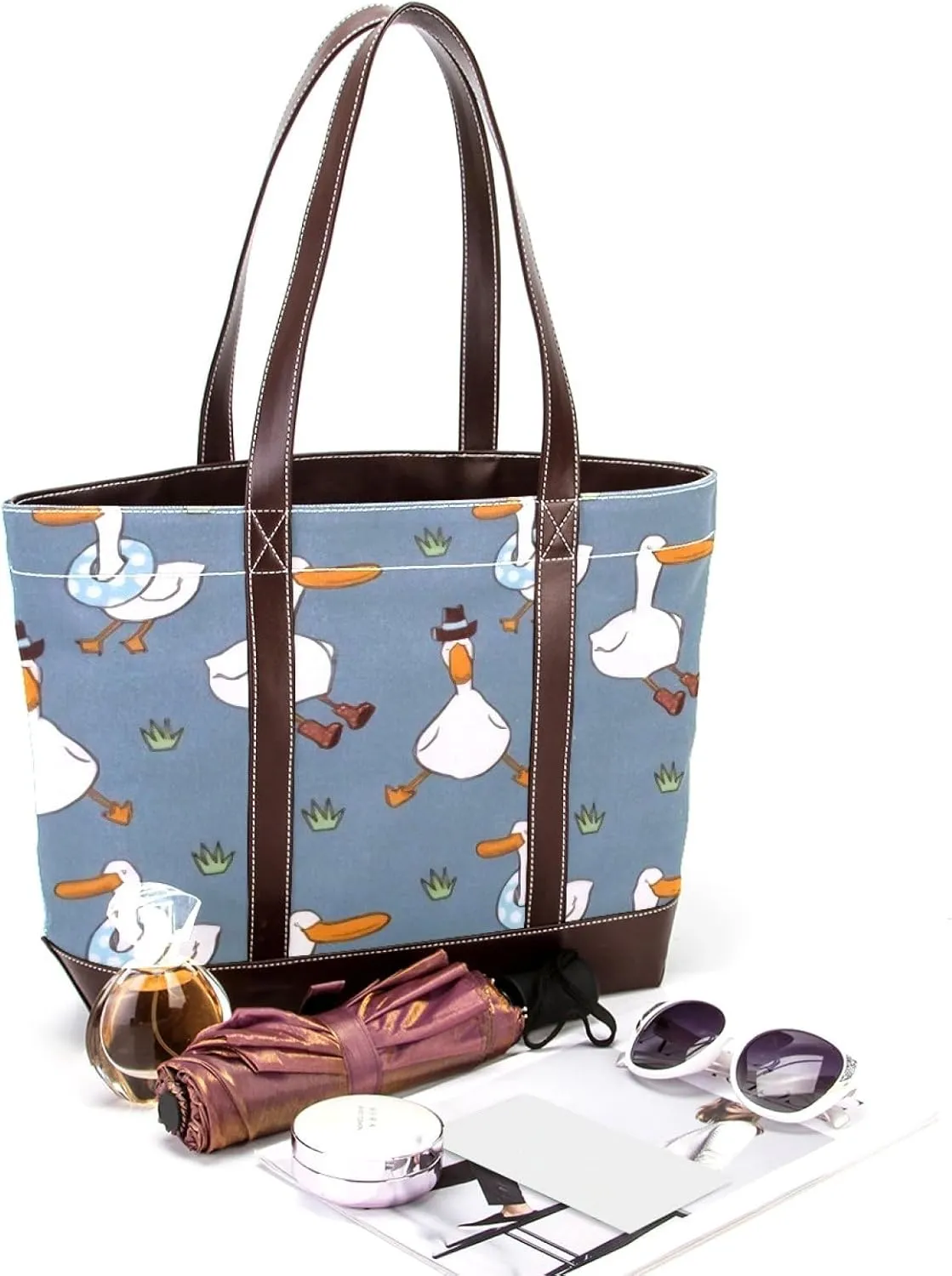 Animal Goose Tote Bags Durable Leather Canvas Purses and Handbags for Women