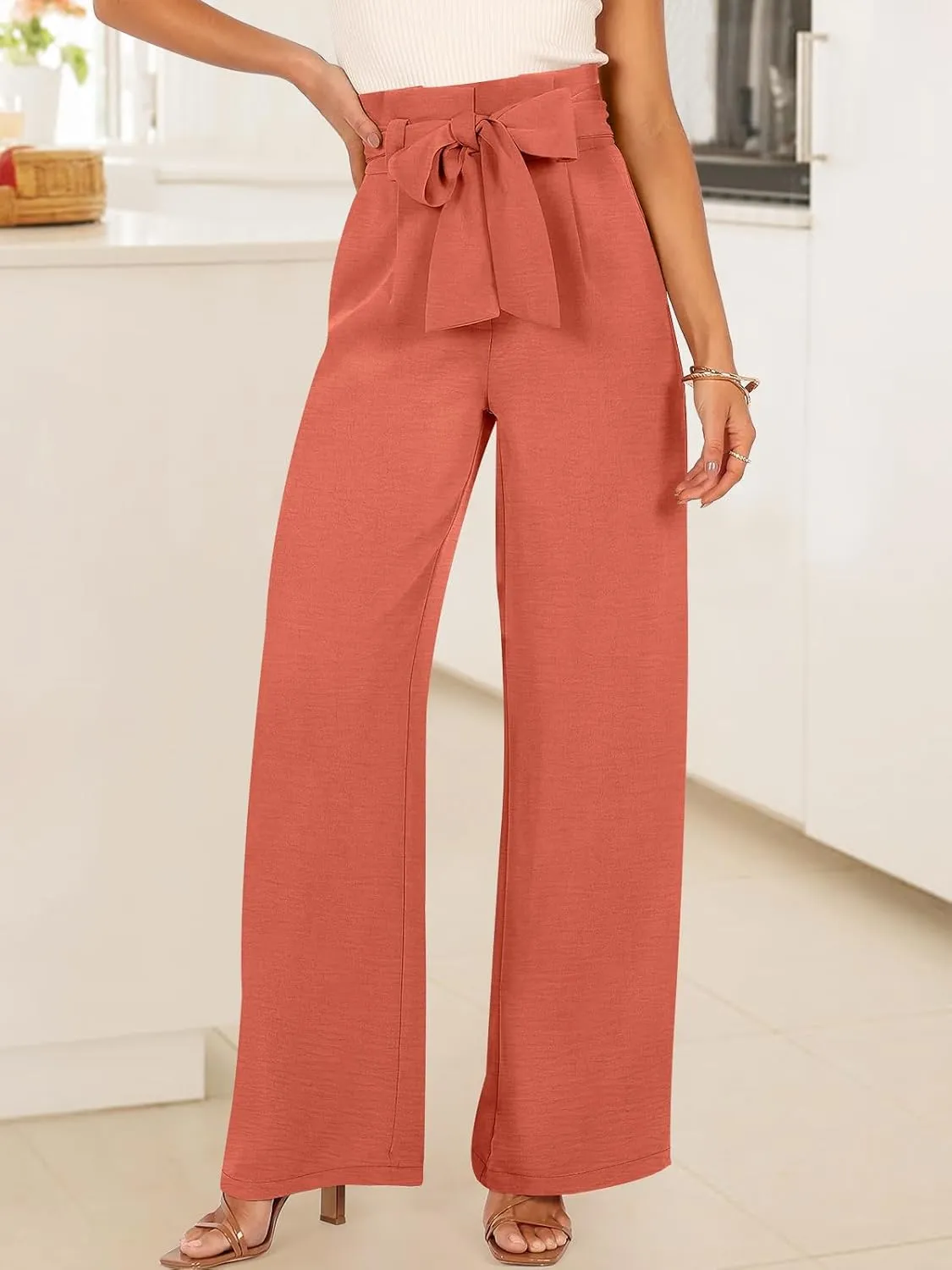 ANRABESS Womens Wide Leg Palazzo Pants Belted High Waisted Business Casual Flowy Long Trousers with Pockets