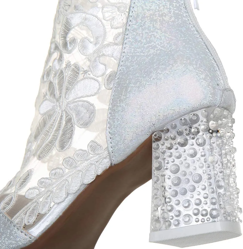 ANUFER Women Breathable Lace Peep Toe/Closed Toe Block Kitten Heel Summer Sandal Booties Dress Pumps Shoes