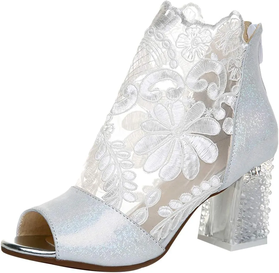 ANUFER Women Breathable Lace Peep Toe/Closed Toe Block Kitten Heel Summer Sandal Booties Dress Pumps Shoes