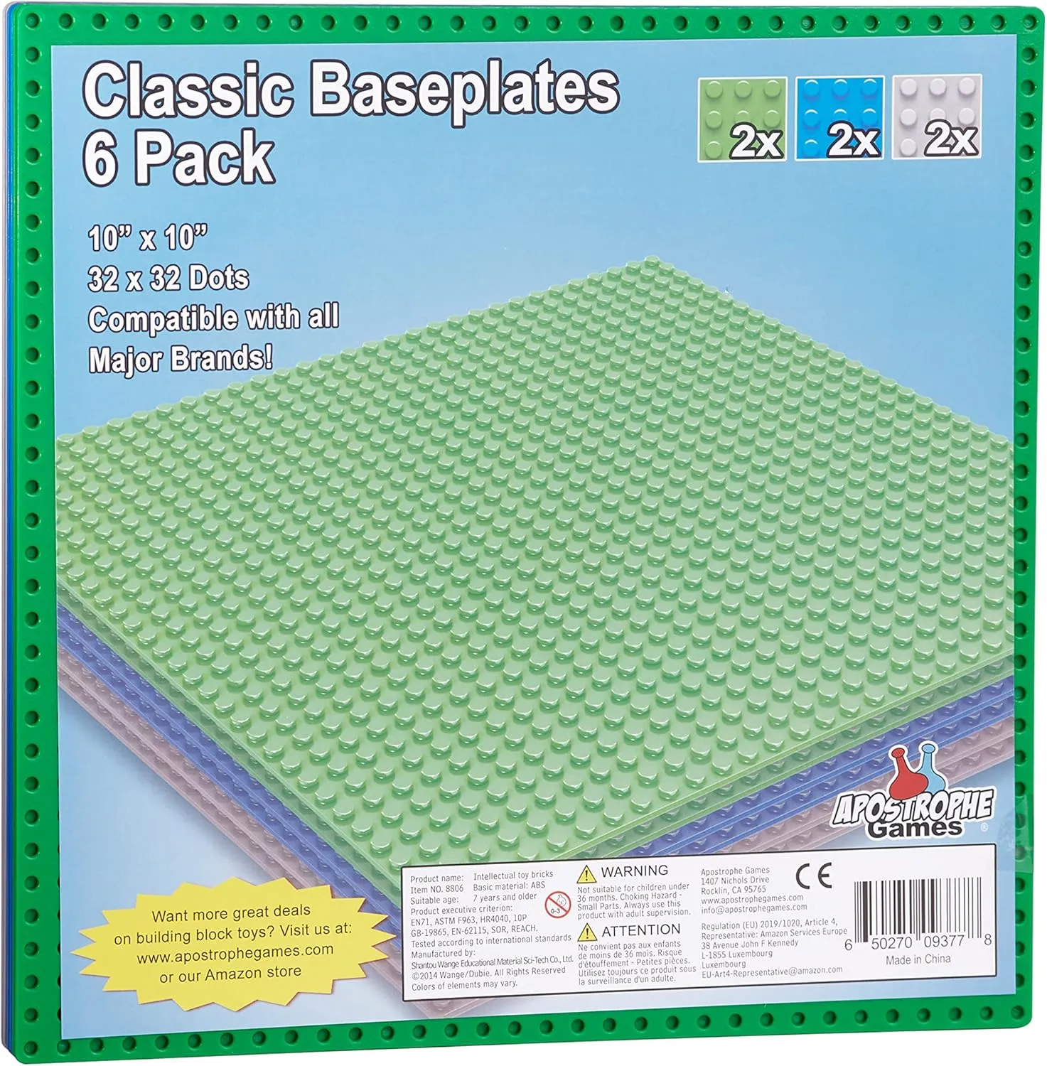 Apostrophe Games Building Blocks Base Plates Compatible with All Major Brands – (6-Pack - 2 Green, 2 Blue, 2 Gray) 10-1/16" x 10-1/16" Inches Baseplate for Building Bricks – Durable and Sturdy