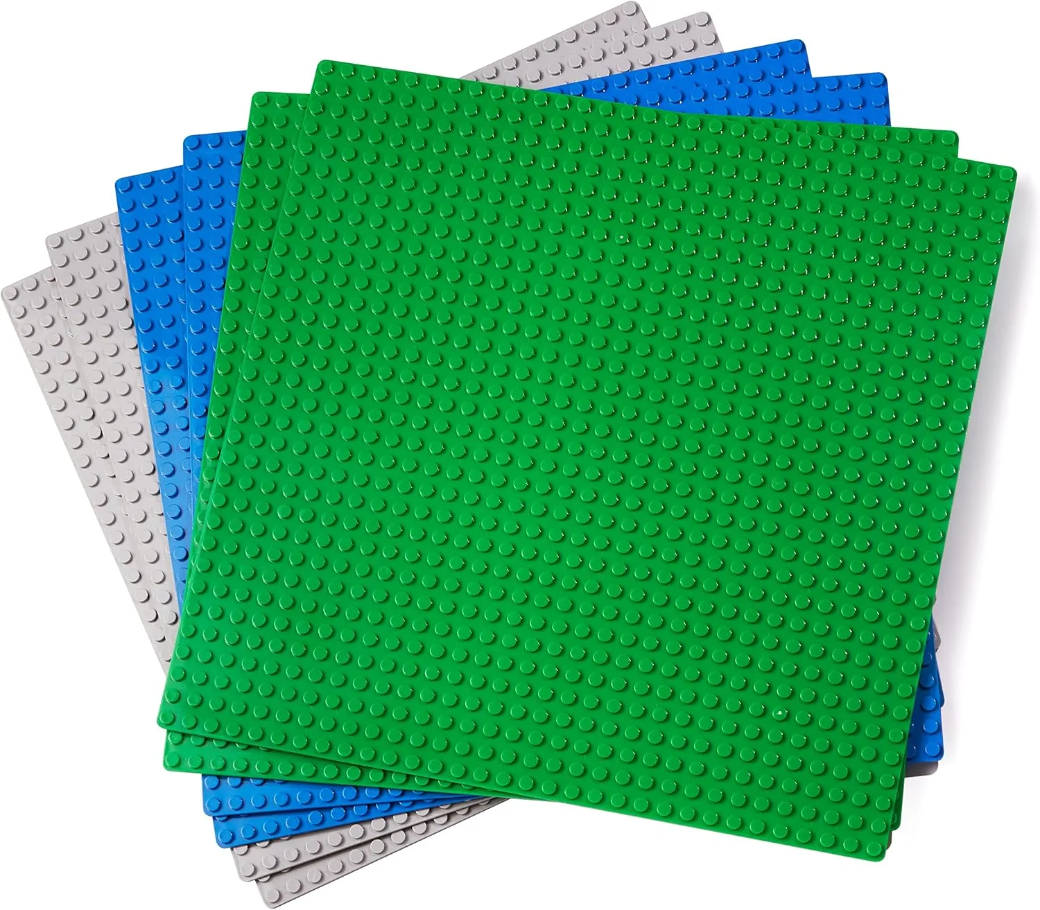 Apostrophe Games Building Blocks Base Plates Compatible with All Major Brands – (6-Pack - 2 Green, 2 Blue, 2 Gray) 10-1/16" x 10-1/16" Inches Baseplate for Building Bricks – Durable and Sturdy