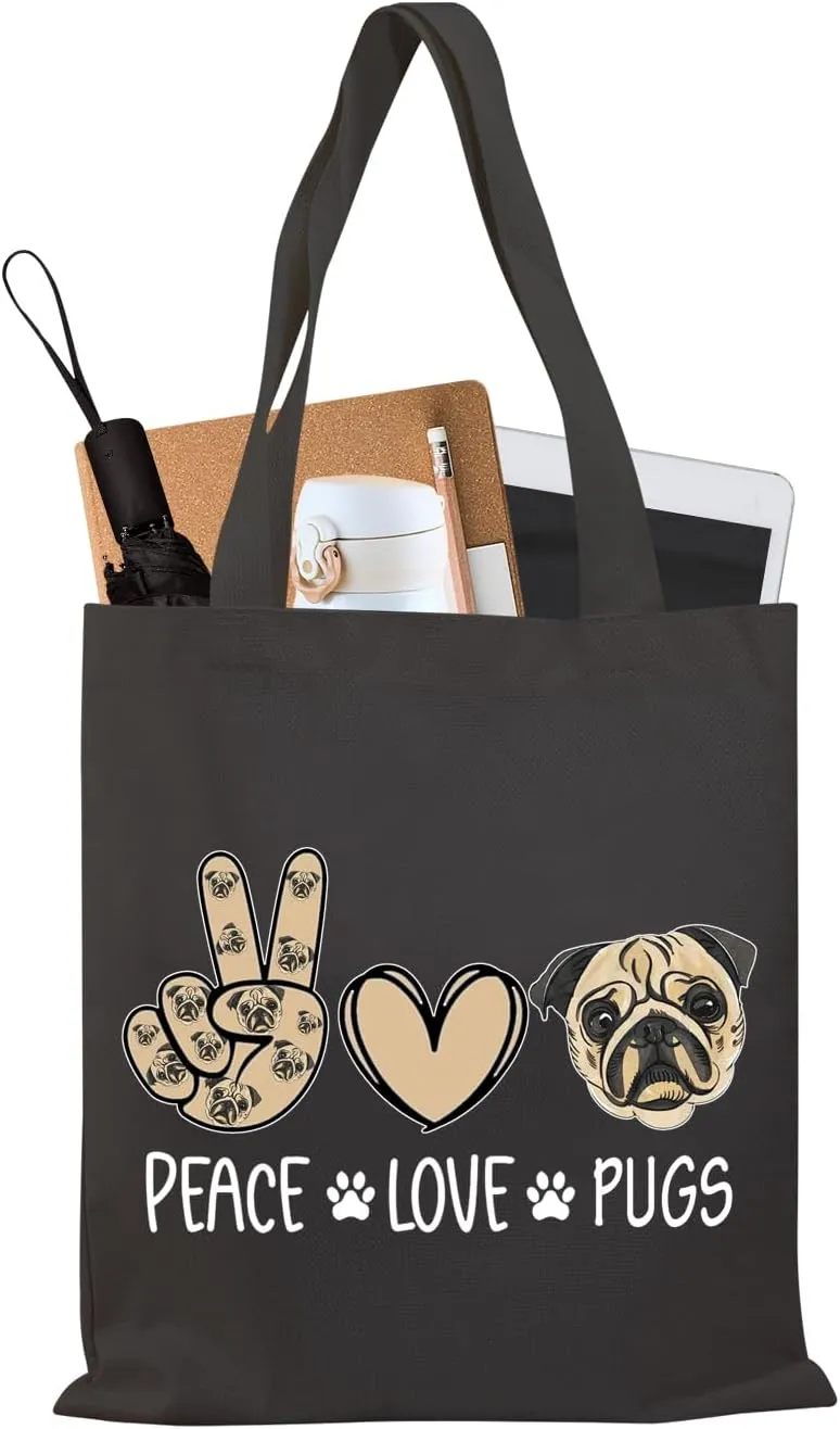 BDPWSS Pug Tote Bag For Pug Dog Lover Gift Pug Mom Gift Crazy Pug Lady Gift Pug Dog Owner Gift Peace Love Pugs Travel Pouch