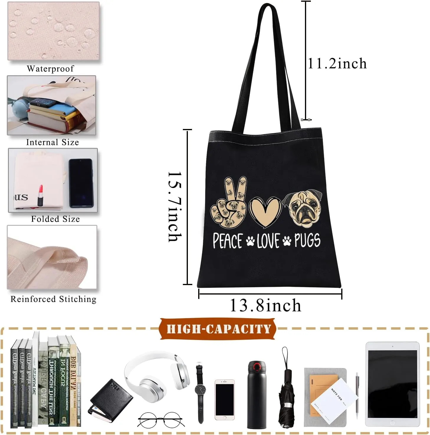 BDPWSS Pug Tote Bag For Pug Dog Lover Gift Pug Mom Gift Crazy Pug Lady Gift Pug Dog Owner Gift Peace Love Pugs Travel Pouch