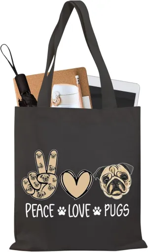 BDPWSS Pug Tote Bag For Pug Dog Lover Gift Pug Mom Gift Crazy Pug Lady Gift Pug Dog Owner Gift Peace Love Pugs Travel Pouch