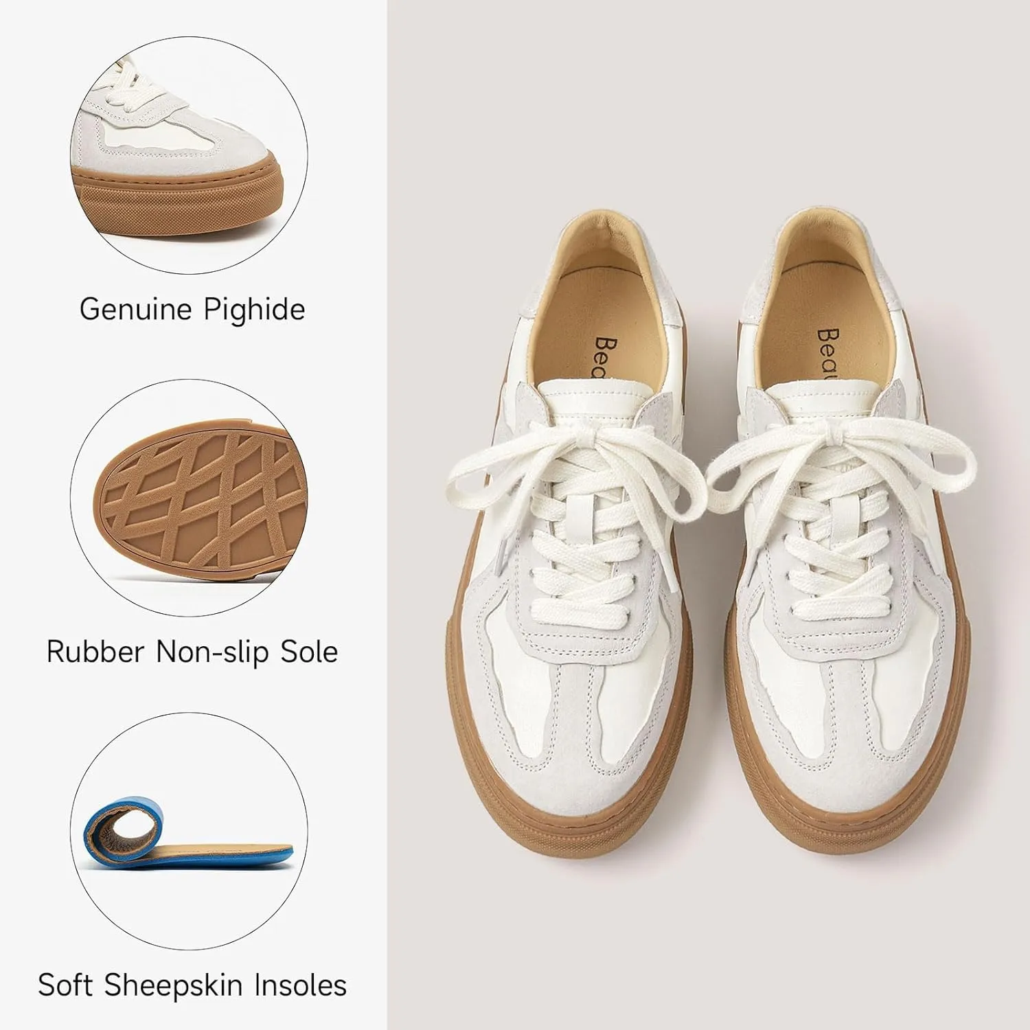 BEAU TODAY Fashion Sneakers Women,Leather Casual Lace Up Retro OG Sneakers,Comfortable Tennis Runnig Trainer Shoes
