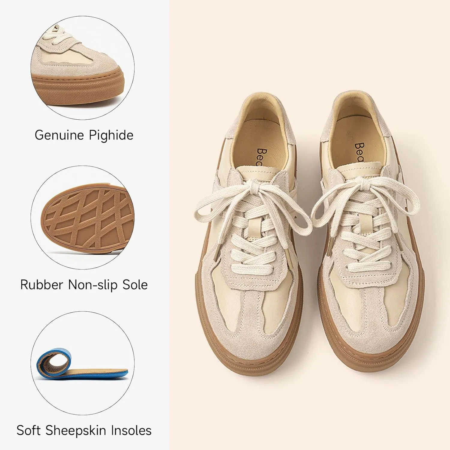 BEAU TODAY Fashion Sneakers Women,Leather Casual Lace Up Retro OG Sneakers,Comfortable Tennis Runnig Trainer Shoes