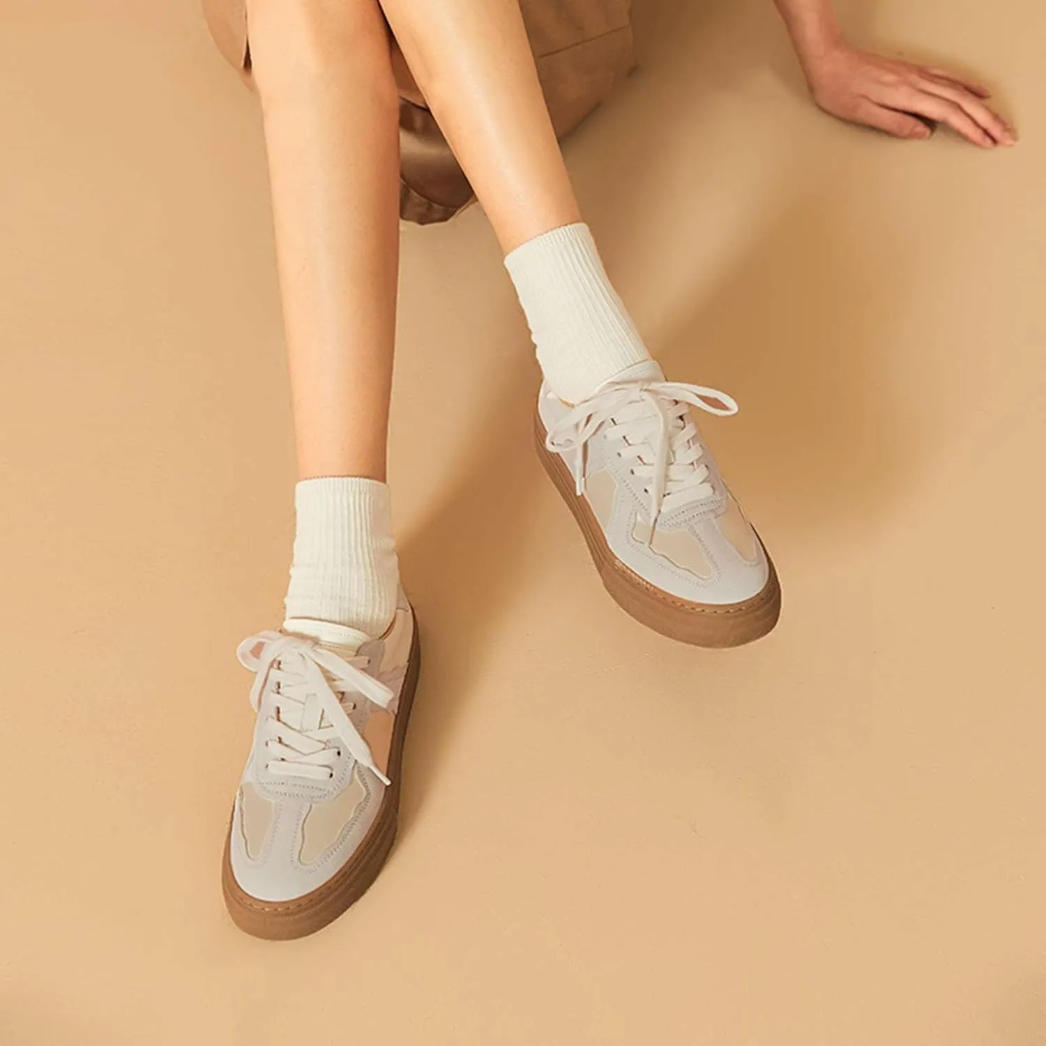 BEAU TODAY Fashion Sneakers Women,Leather Casual Lace Up Retro OG Sneakers,Comfortable Tennis Runnig Trainer Shoes
