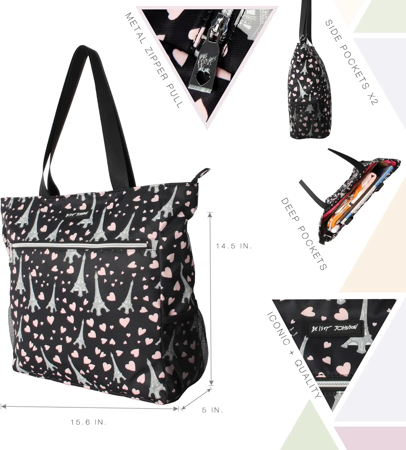 Betsey Johnson 15.6 Inch Zipper Beach Tote Bag Lightweight Large Durable Polyester with Mesh Side Pockets for Gym Work