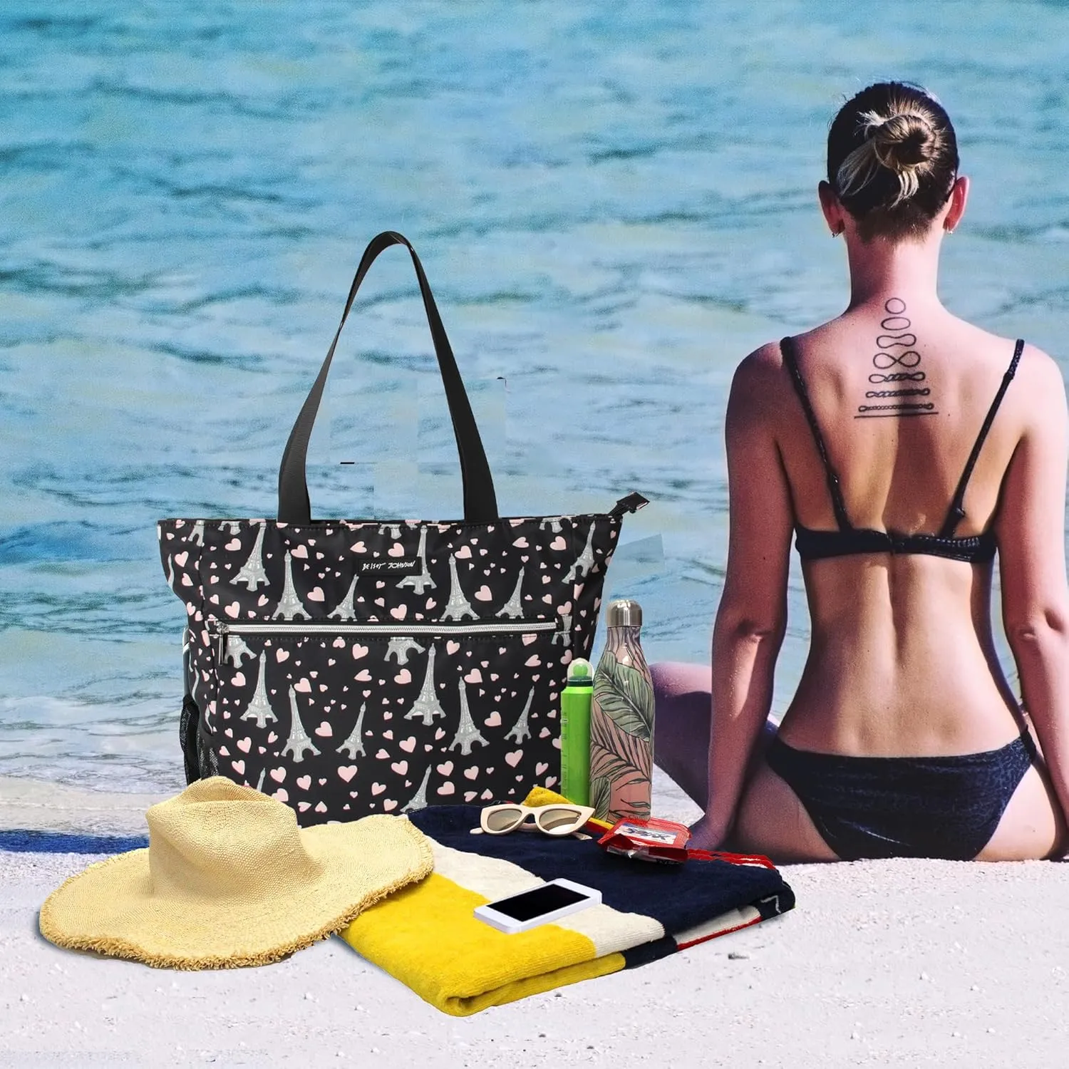 Betsey Johnson 15.6 Inch Zipper Beach Tote Bag Lightweight Large Durable Polyester with Mesh Side Pockets for Gym Work