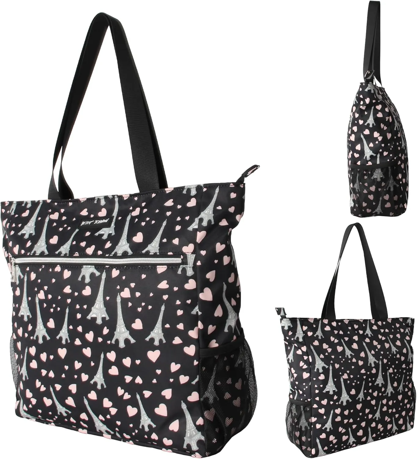 Betsey Johnson 15.6 Inch Zipper Beach Tote Bag Lightweight Large Durable Polyester with Mesh Side Pockets for Gym Work