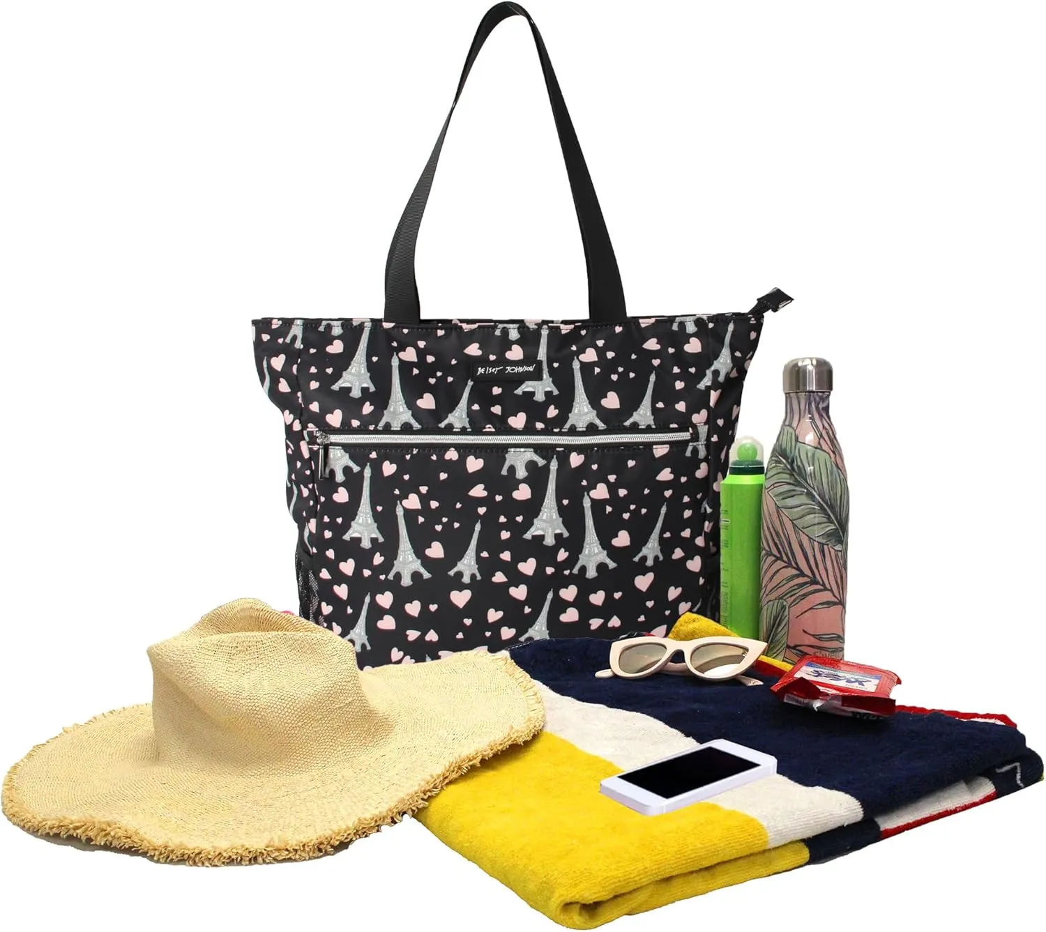 Betsey Johnson 15.6 Inch Zipper Beach Tote Bag Lightweight Large Durable Polyester with Mesh Side Pockets for Gym Work